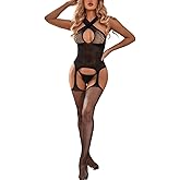 Tender Whisper Womens Sexy Fishnet Bodycon Tights Jumpsuit Lingerie Stretchy Halter Bodysuit Mesh BobyStocking