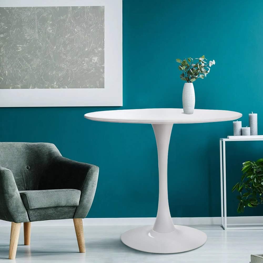HAYOSNFO Modern Round Dining Table with Pedestal Base in White, Mid-Century Tulip Pedestal Leisure Table: Kitchen & Dining
