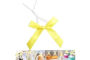 GUIFIER 50 Pack 3" Satin Twist Tie Bows, Twist Bows for Treats, Ribbon Bows with Twist Ties Gift Wrap Bows, Pretied Bows Ties for Cake Pops, Baby Shower, Sweets Packaging, Party Favors, Gifts (Yellow)