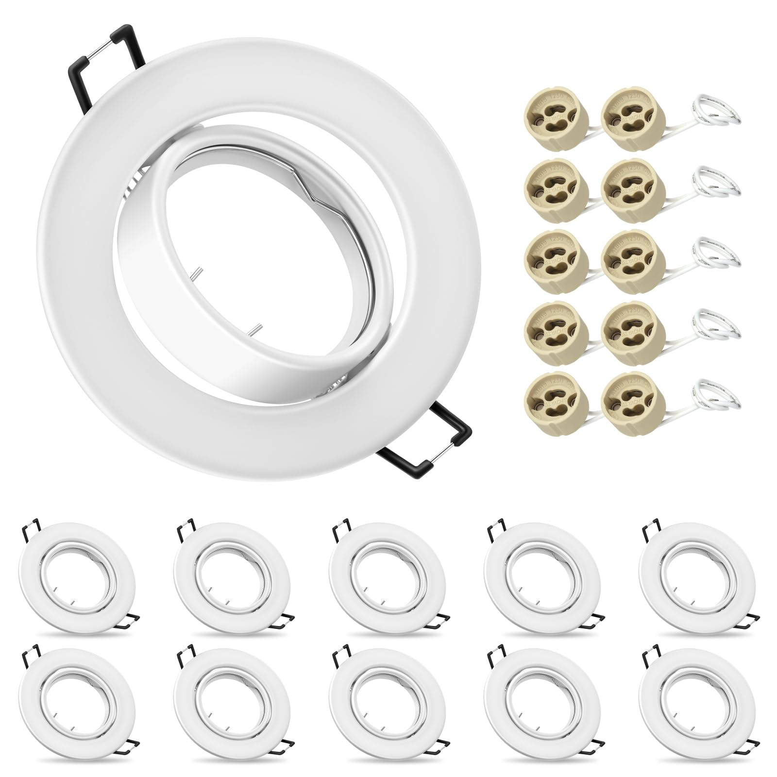 10x Modern GU10 Downlights for Ceiling, Round Matt White Metal Frame for Recessed Ceiling Lights, Tilt Swivel Spotlight with Lamp Holders, Outer Diameter: 90mm, Cutout Ø65-80mm (Bulbs not Included)