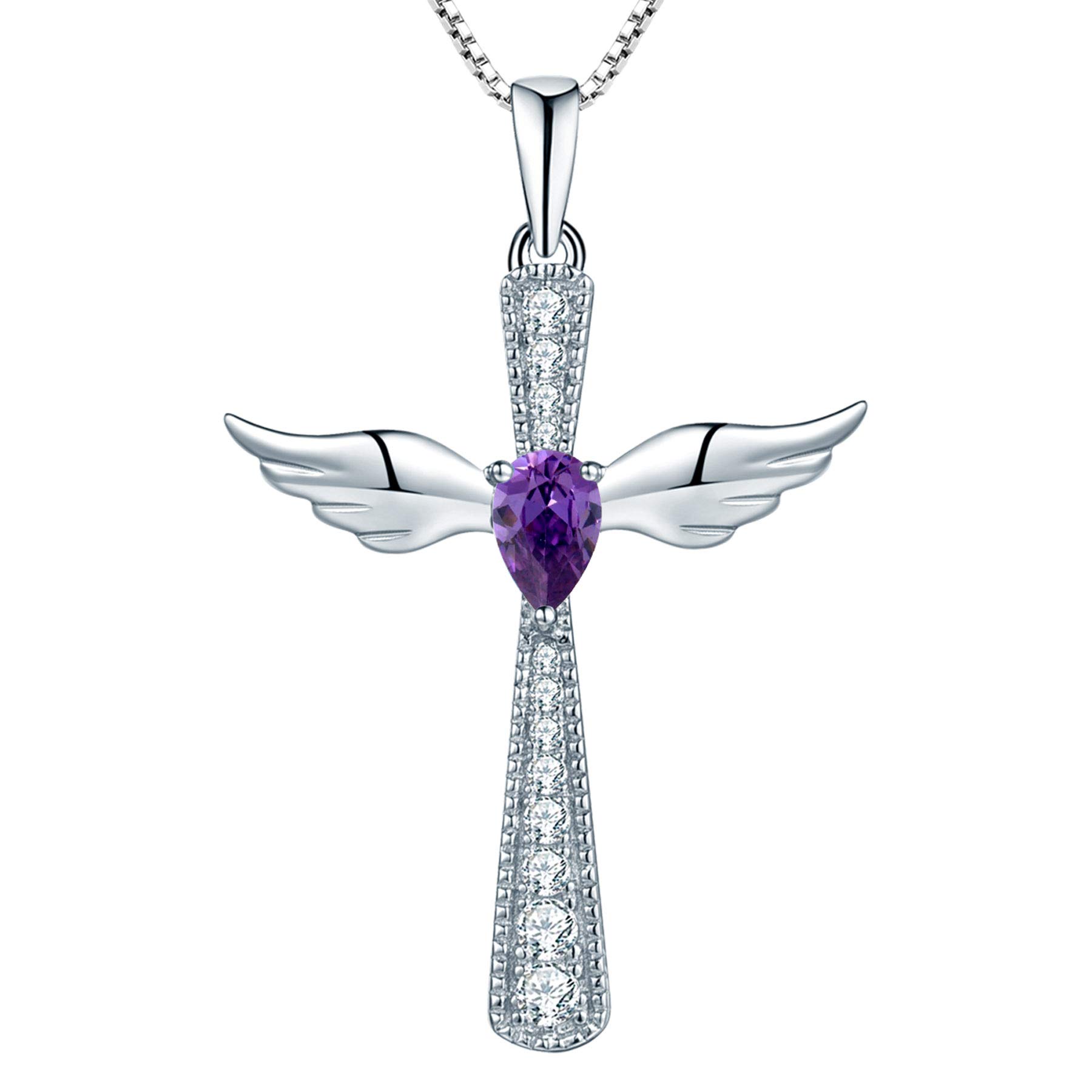 YL Cross Angel Wing Necklace 925 Sterling Silver February Birthstone Deep Amethyst Guardian Angel Pendant Necklace for Women — image 1