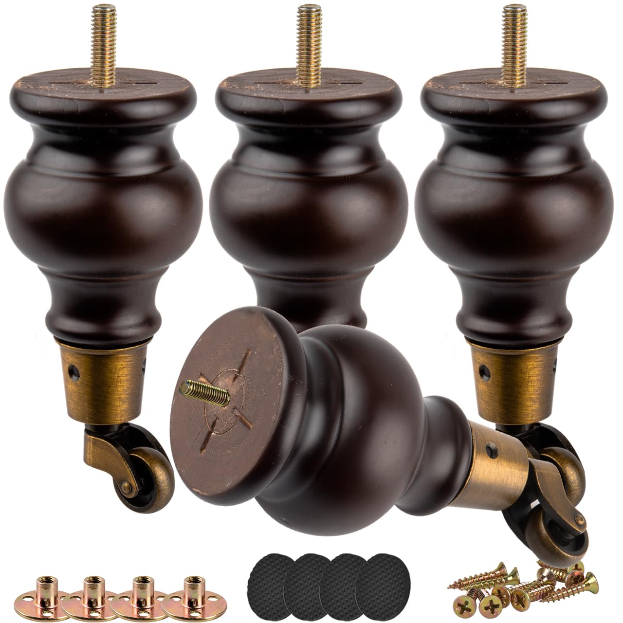 6.3 inch / 16cm Furniture Legs with Castors, 4Pcs Walnut Solid Wood Feet Round Gourd Wooden Turned Replacement Feet with Threaded M8 Hanger Bolts & Mounting Plate & Screws For Recliner, Ottoman