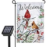 Welcome Cardinal Lighted Garden Flag Winter Double-Sided Solar LED 8 Lighting Modes with 16 Lights Winter Patio Home and Outdoor Decor Christmas Decoration Outdoor Lawn Porch Decoration(Cardinal)