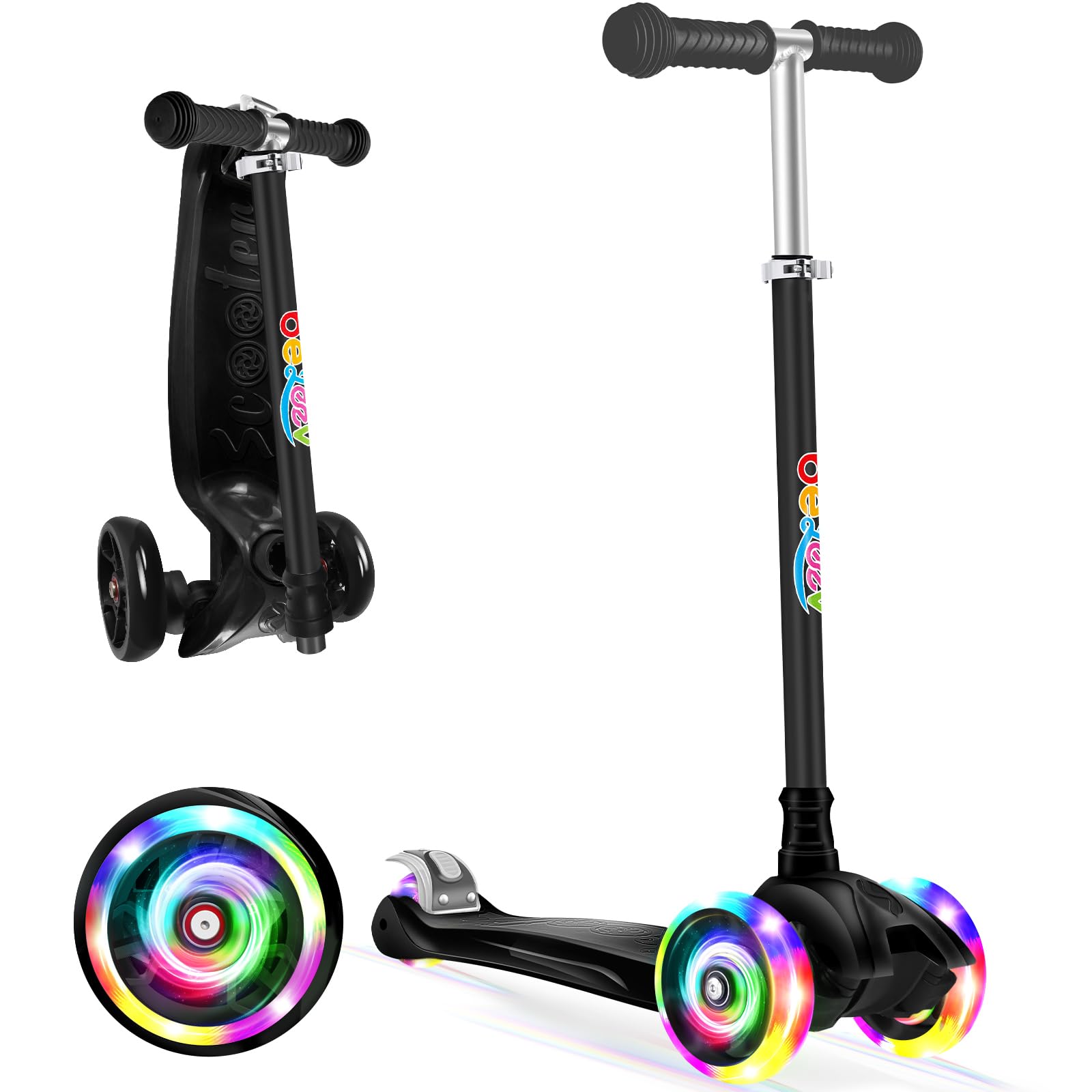 BELEEV Deluxe 3-Wheel Scooter for Kids Age 3-12, Adjustable Height, Lean to Steer, Light Up Wheels, Extra-Wide Deck, Black — image 1