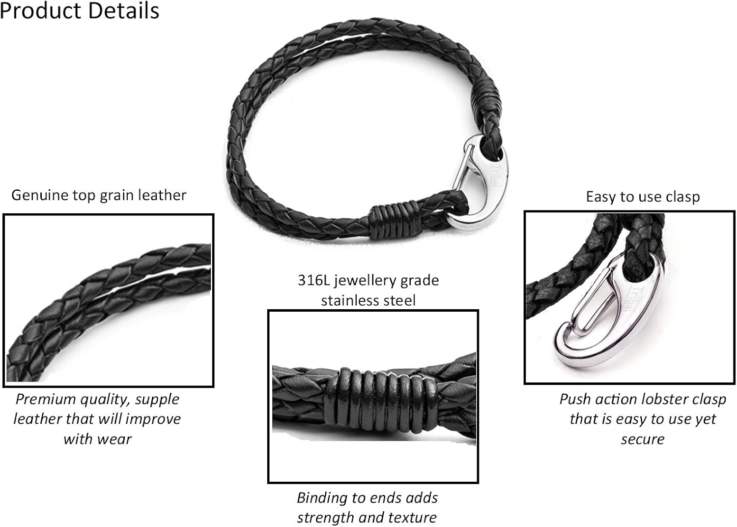 Tribal Steel 3mm Plaited Leather Bracelet. Blue Braided Leather 2-Strand, Stainless Steel shrimp clasp - Image 5