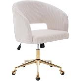 KCC Vanity Chair Corduroy Desk Chair with Gold Base for Living Room,Beige | Accent Armchair Upholstered Modern Tufted Chairs for Girls Women Ergonomic Study Seat Computer Task Stools for Bedroom