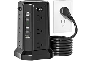 PASSUS Tower Power Bar with Surge Protector,10FT Long Extension Cord Indoor,Power Strip with 12 AC Multiple Outlet and 5USB(1
