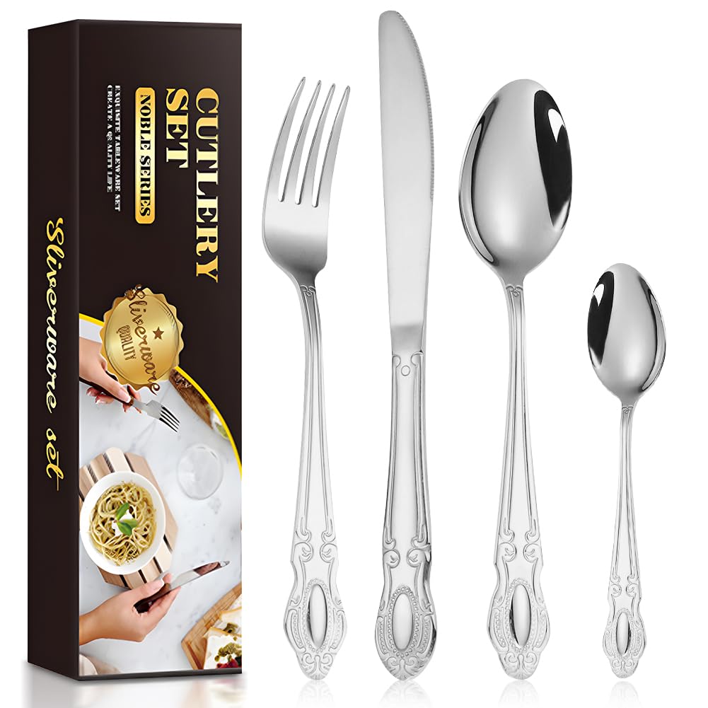 Cutlery Set, Home Safety 24-Piece Flatware Set, High-Grade Stainless Steel Mirror Polish Silverware Set Service for 6, Includes Table Knives, Forks, Spoons, with Christmas Box (Classic Silver)