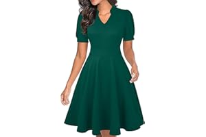 Mokayee Womens Summer Short Puff Sleeve Casual Semi-Formal Fit and Flare Church Wedding Guest Work Dresses with Pockets