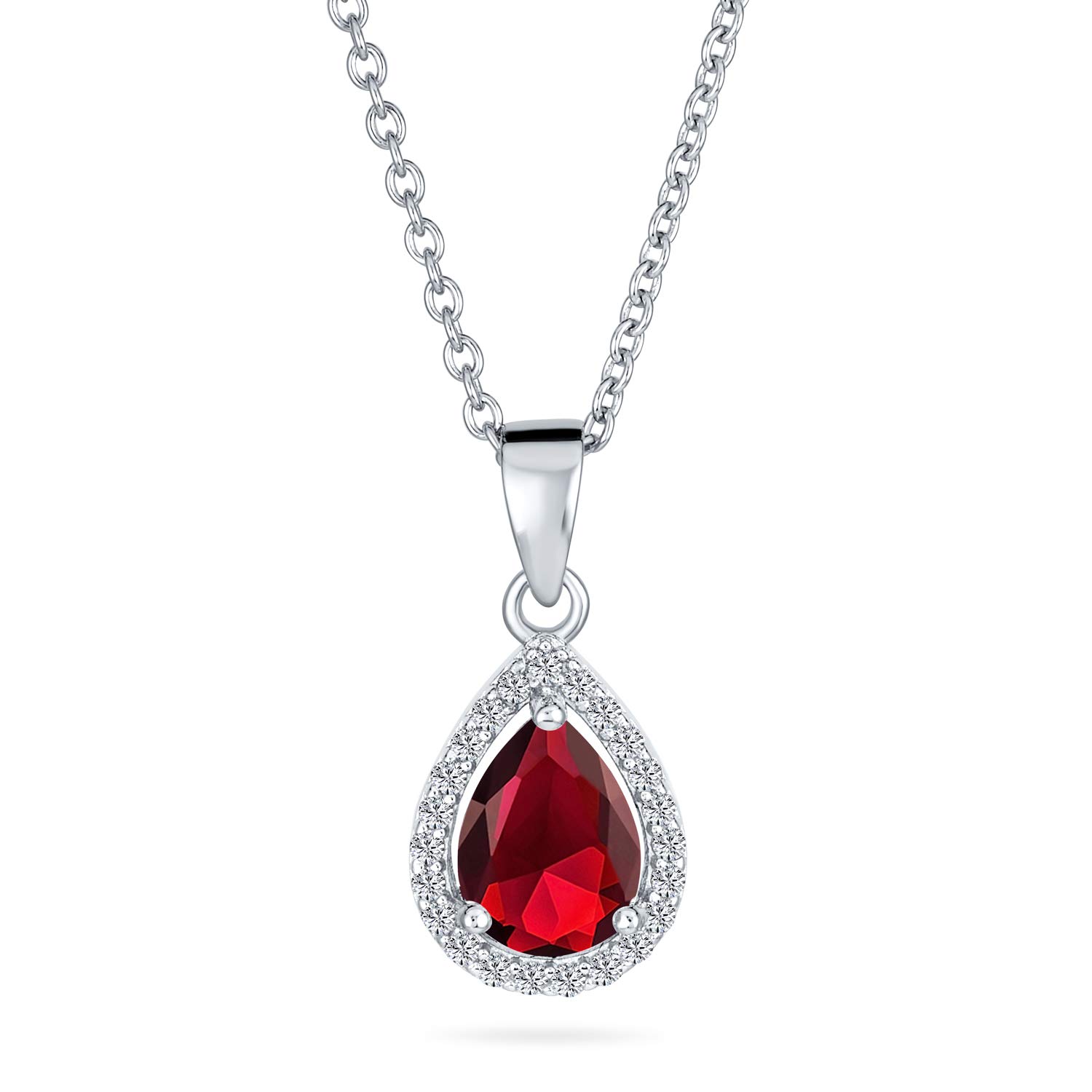 Bling Jewelry 925 Sterling Silver Victorian Vintage Style Delicate Bridal Pear Shape Simulated Ruby Red Solitaire Cubic Zirconia AAA CZ Halo Teardrop Pendant Necklace For Women