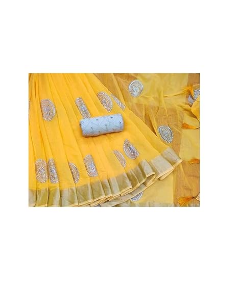 World Women's Cotton Blend & Linen Saree With Blouse (Yellow)