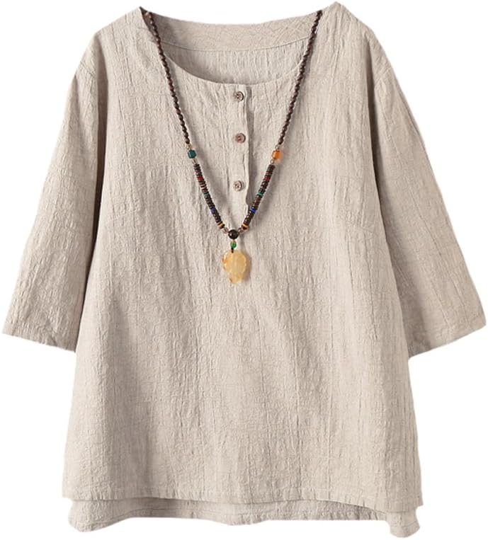 Women's New Cotton Linen Tunic Tee Shirt Jacquard Tops