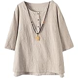 Minibee Women's 3/4 Sleeve Cotton Linen Jacquard Blouses Top T-Shirt