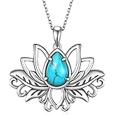 Biduanro Lotus Turquoise Necklace 925 Sterling Silver Genuine Turquoises Lotus Necklace Western Nature Gemstone Turquoise Jewelry Gifts for Women