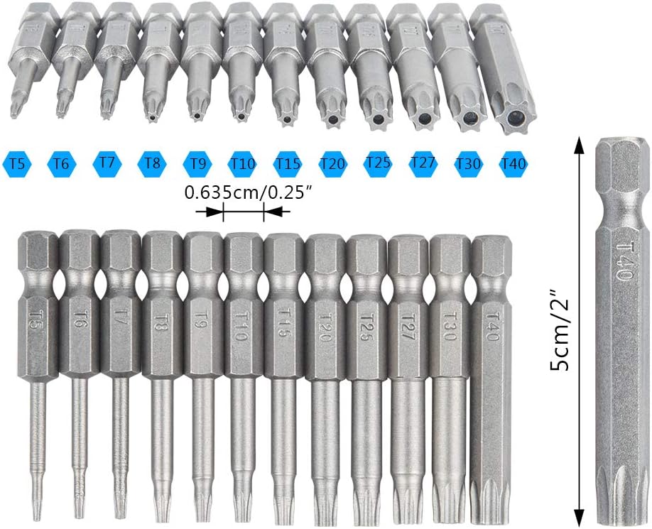 12 Pack 50mm Torx Screwdriver Bit Sets,YuCool 1/4 inch Star Magnetic Screwdriver Security Bit Set T5-T40 S2 Steel Hex Screwdrivers Impact Driver Bits Set including 1 Pack Handle - Image 4