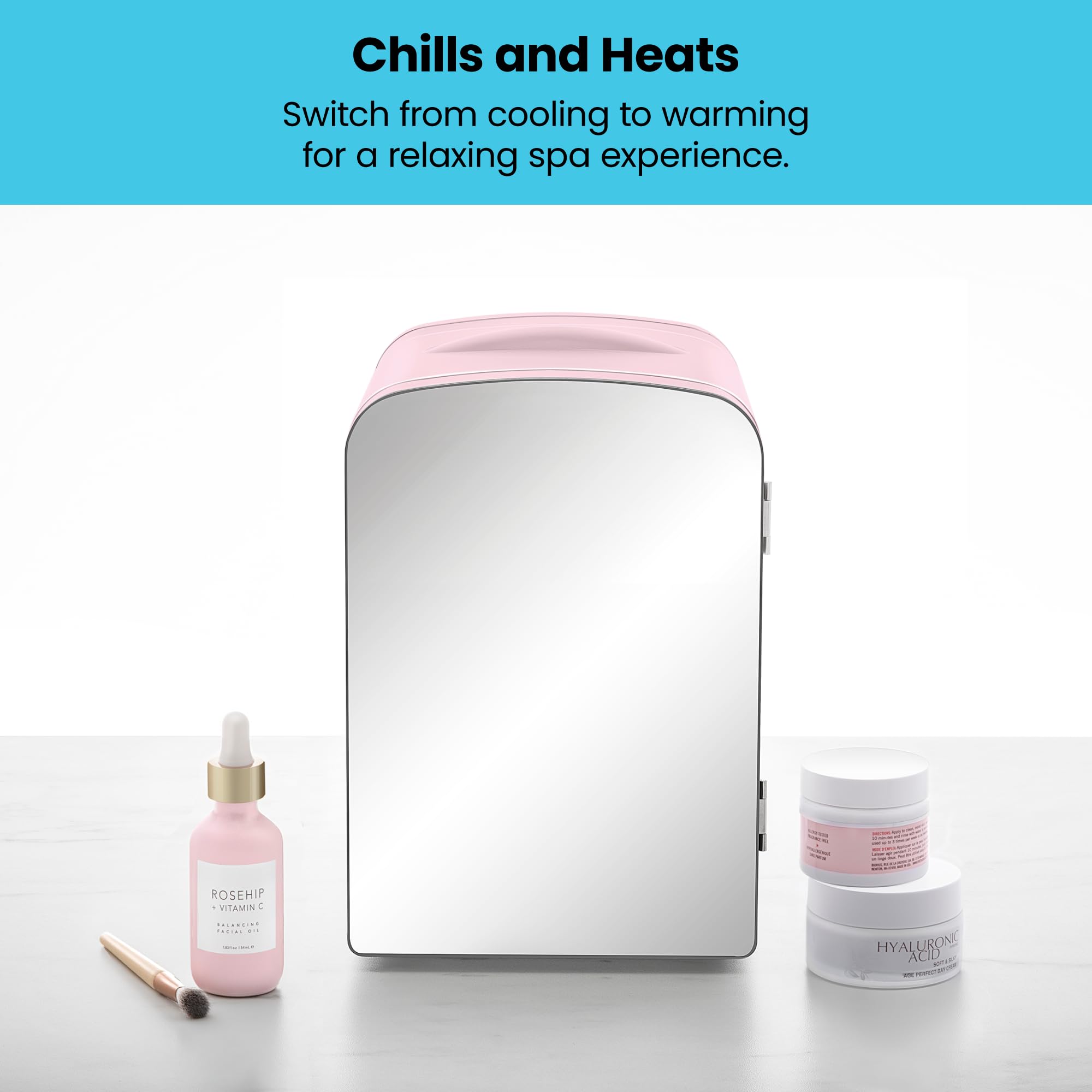 Chefman - Iceman Portable Mirrored Personal Fridge 4L Mini Refrigerator, Skin Care, Makeup Storage, Beauty, Serums & Face Masks, Small For Desktop Or Travel, Cool & Heat, Cosmetic Application, Pink