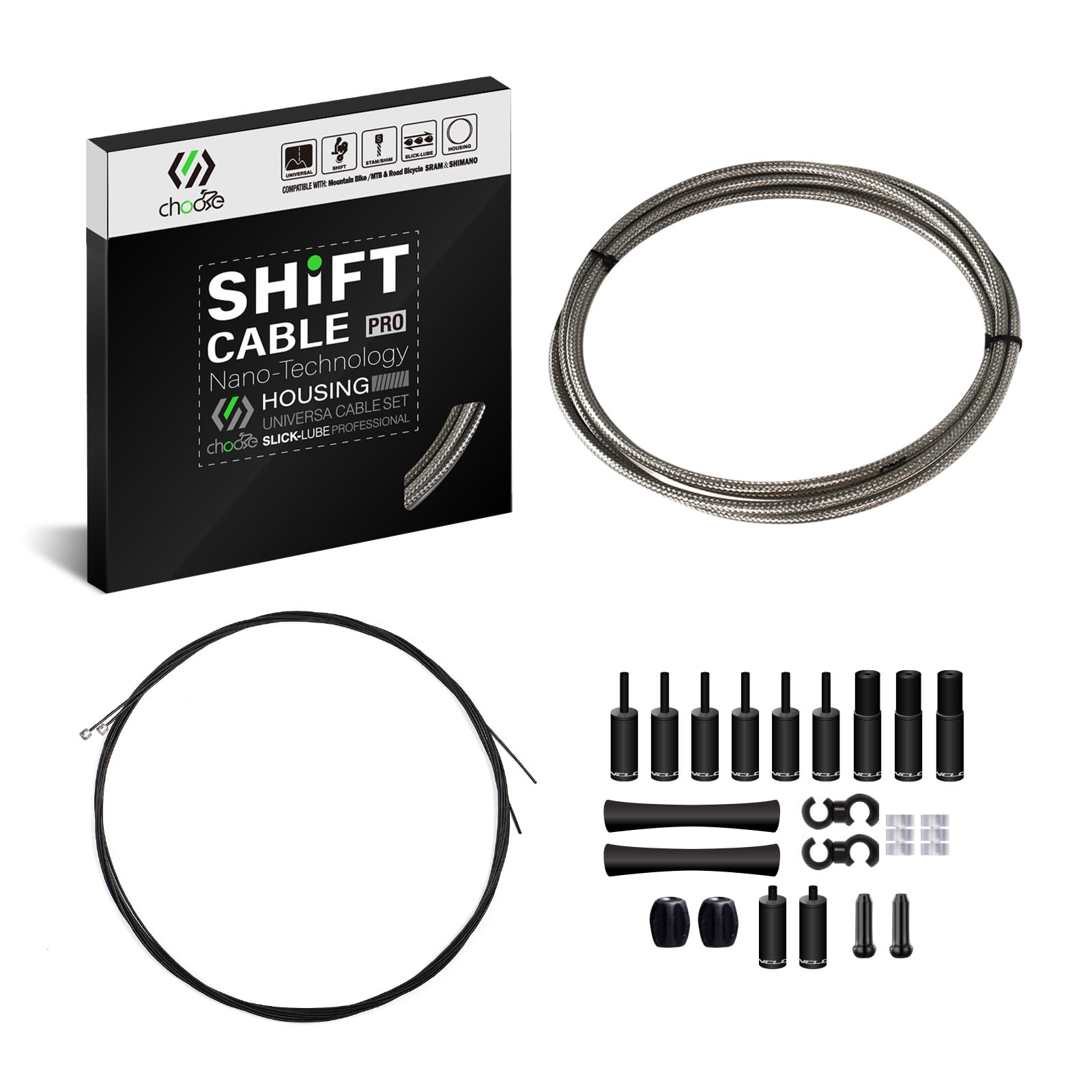 Chooee 2xPro Bike Gear Cable Set,MTB Gear Cable for Mountain Bike/Road Bike, Bike Shifter Cable Housing Coated Braided & Teflon Inner line,Titanium Silver