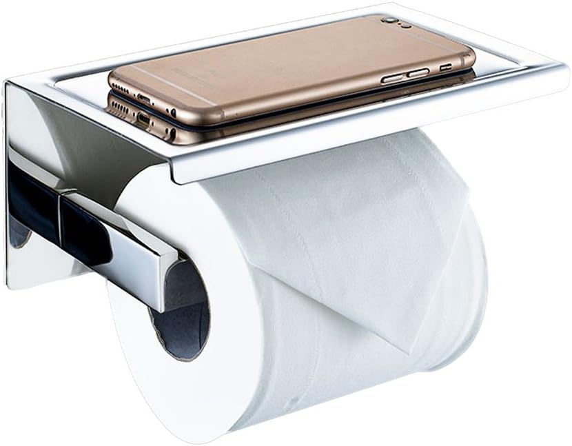Toilet Paper Holder, Angle Simple Self Adhesive & Wall Mounted SUS 304 Stainless Steel Toilet Paper Holder Storage Bathroom Paper Tissue Roll Hanger with Mobile Phone Storage Shelf, Polished