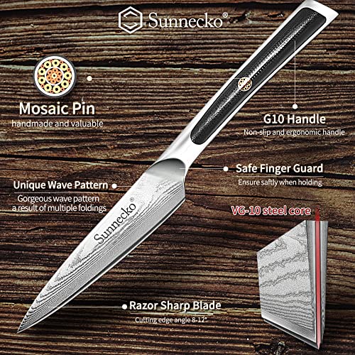 Sunnecko Paring Knife 3.5 Inch, Small Knife Damascus Steel VG-10 Blade Fruit Knife, Peeling Knife with G10 Inlaid Handle Small Kitchen Knife Perfect for Cutting Fruit Vegetables Petty Knife