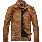 PASOK Men's Faux Leather Jacket Vintage Stand Collar Motorcycle PU Leather Outwear Coat