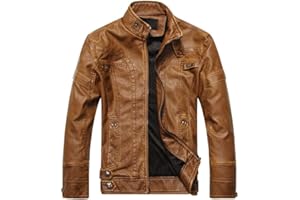 PASOK Men's Faux Leather Jacket Vintage Stand Collar Motorcycle PU Leather Outwear Coat