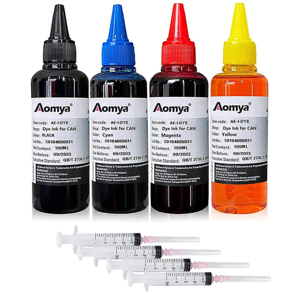 Aomya Ink Refill kit 4x100ml Compatible for Canon PGI-545 PGI-540 PGI-550 CLI-551 PGI-570 CLI-571 PGI-580 PGI-525 PGI-520 CLI-521 Inkjet Printer Refillable Ink Cartridge with 4 Syringes,BK+CMY