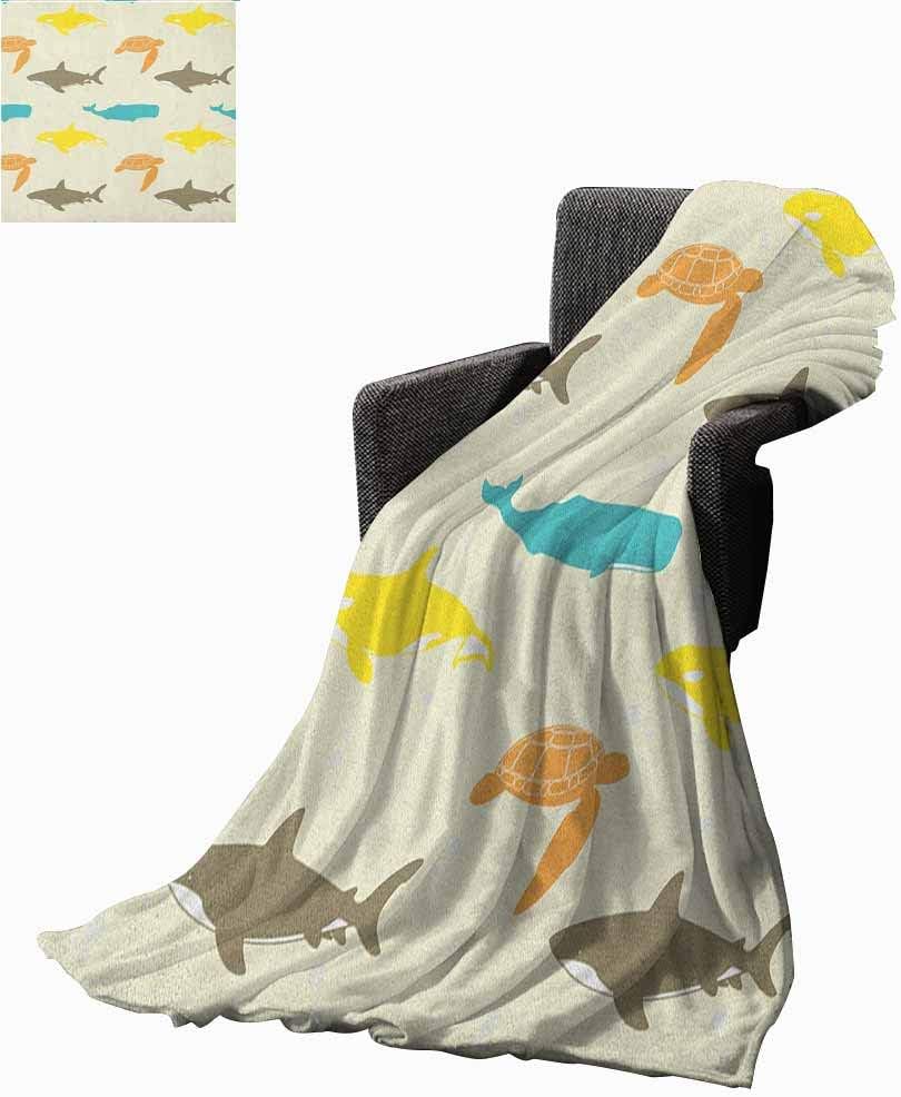 Flyerer Sea Animals Swaddle Blanket Pattern with Whale Shark and Turtle Aquarium Doodle Style Marine Life Ivory Taupe Peach Microfiber All Season Blanket 60"x70" inch