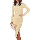ANRABESS Womens Long Sleeve Mock Neck Slim Fit Ribbed Bodycon Knit Slit Cocktail Sweater Midi Dress 2025 Trendy Fall Outfits