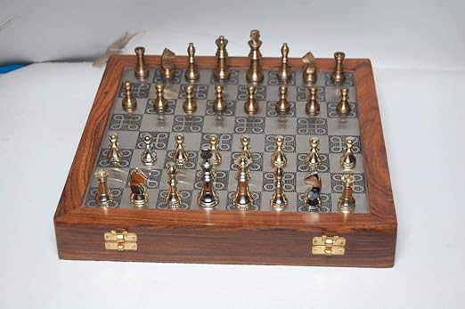 M I & Z Handicrafts Brass Metal Chess Pieces with Folding Wooden Chess Board (Non Magnetic) Special Slots Storage Inside Board-Best for Gifting, Home Decor & Playing.