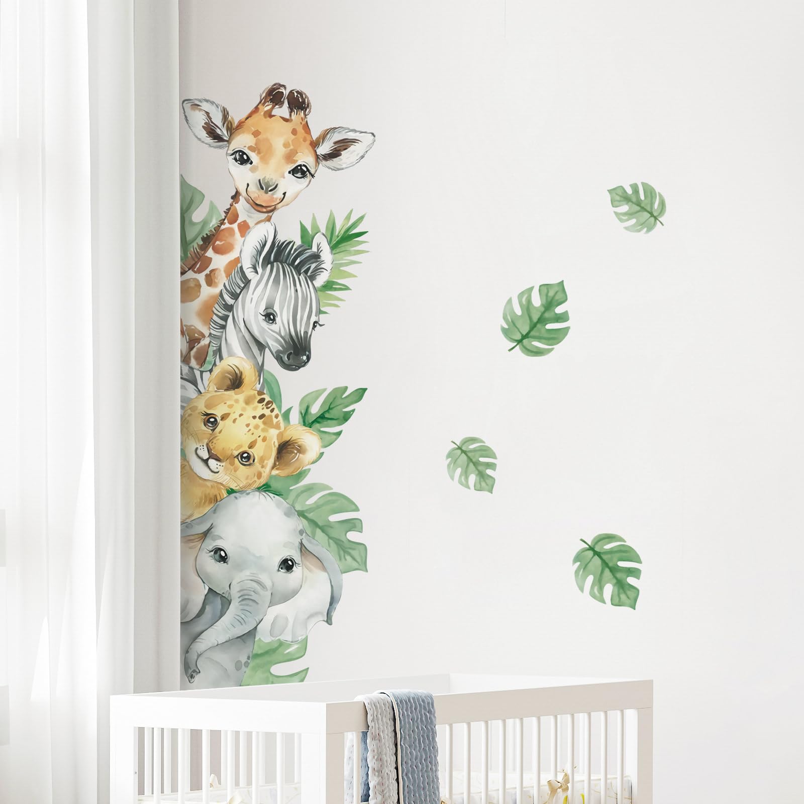 Tanlaby Jungle Animal Wall Stickers Cartoon Animal Wall Decals Giraffe Zebra Elephant Green Leaves Wall Art Sticker for Kids Baby Nursery Bedroom Playroom Kindergarten Wall Decor