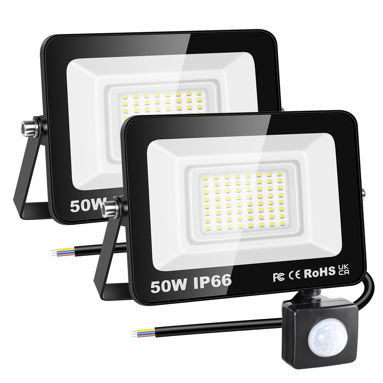 RIGIDON 2 Pcs PIR Motion Sensor Outdoor Security Light, 50W 5000 Lumens Outside Led Floodlight, Cold White Wall Light for Garden Garage Backyard Patio House Doorway, IP66 Waterproof 6000K