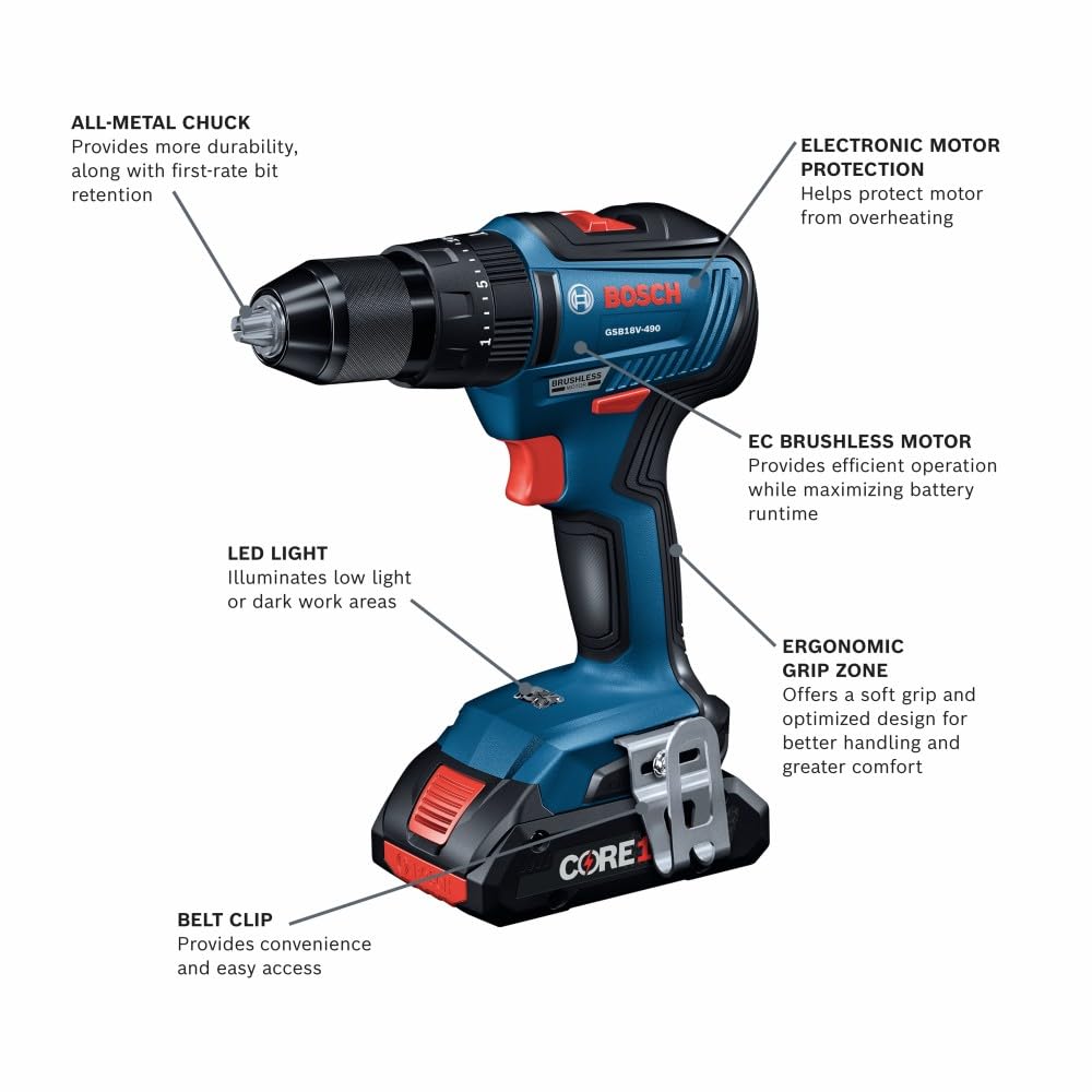 BOSCH GSB18V-490B12 18V EC Brushless 1/2 In. Hammer Drill/Driver Kit with (1) 2 Ah Standard Power Battery