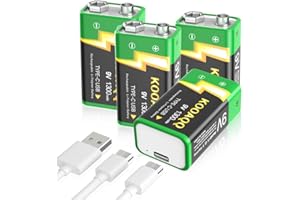 KOOAQQ 4-Pack Rechargeable 9V Batteries, High Capacity 1300mAh 9 Volt Lithium-ion Long Lasting Power, USB-C Recharge with 2 in 1 Charging Cable for Smoke Alarms,Multimeters,Toys,Microphones,Walkie-Talkie
