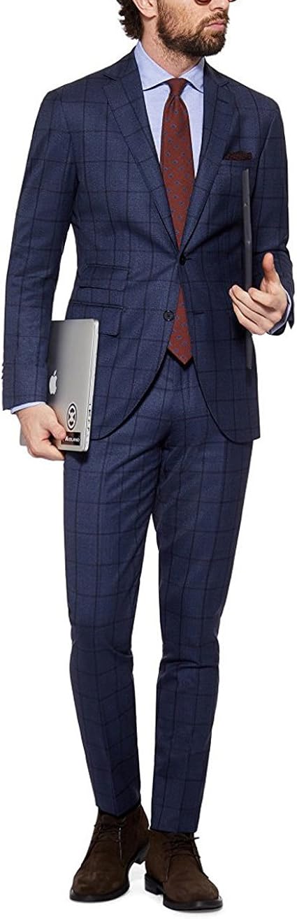 Amazon Co Jp メンズスーツ セットアップ ３ピース スリム ビジネス 結婚式 チェック柄 ネイビー 服 ファッション小物