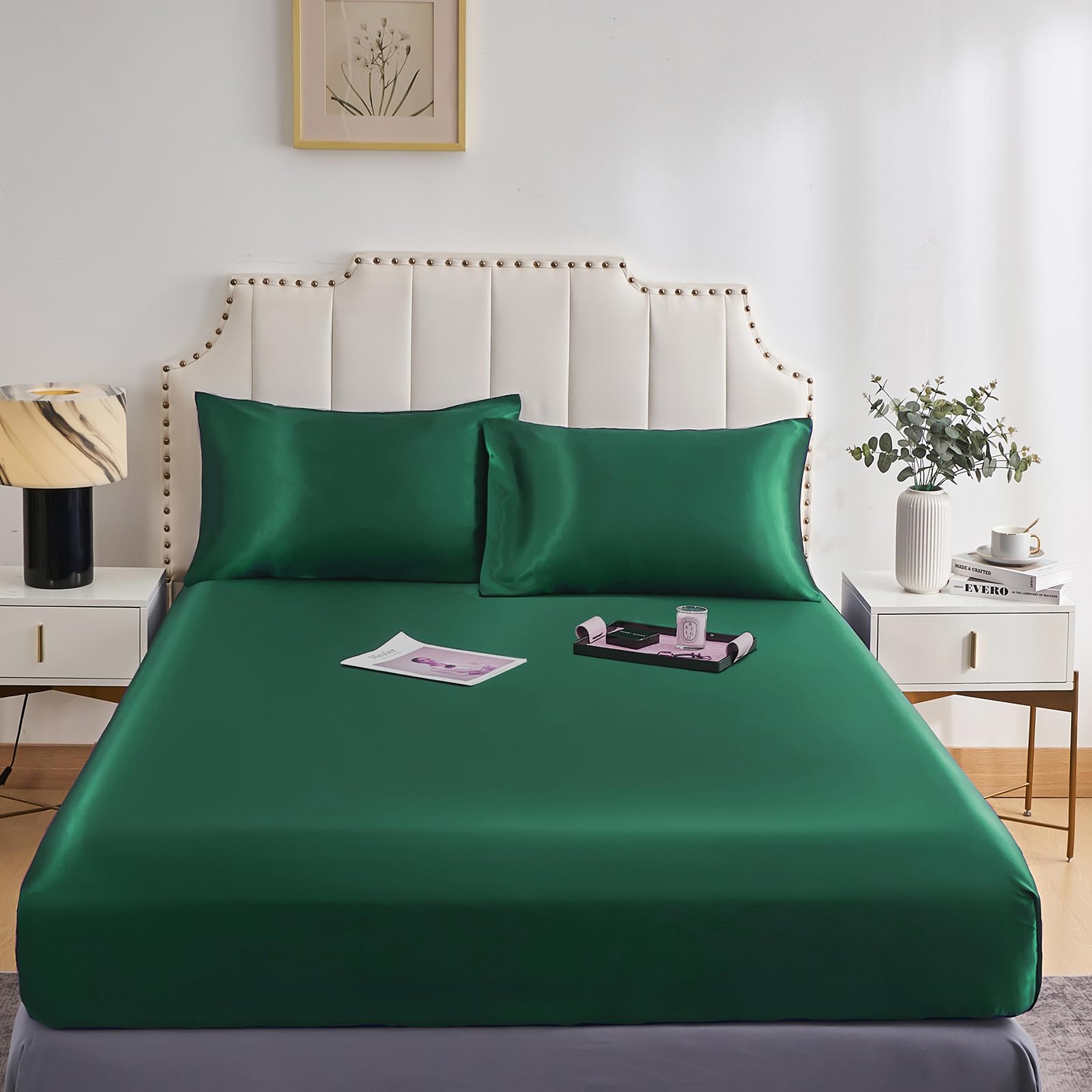 DuShow Fitted Sheet-Deep Pocket Satin Silky Bed Sheet,Breathable Soft and Comfortable-Wrinkle,Fade,Satin and Abrasion Resistant(Single,Dark Green)