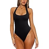 REORIA Women's Sexy Deep Scoop Neck Halter Bodysuit Double Lined Sleeveless Backless Top Vacation Outfits