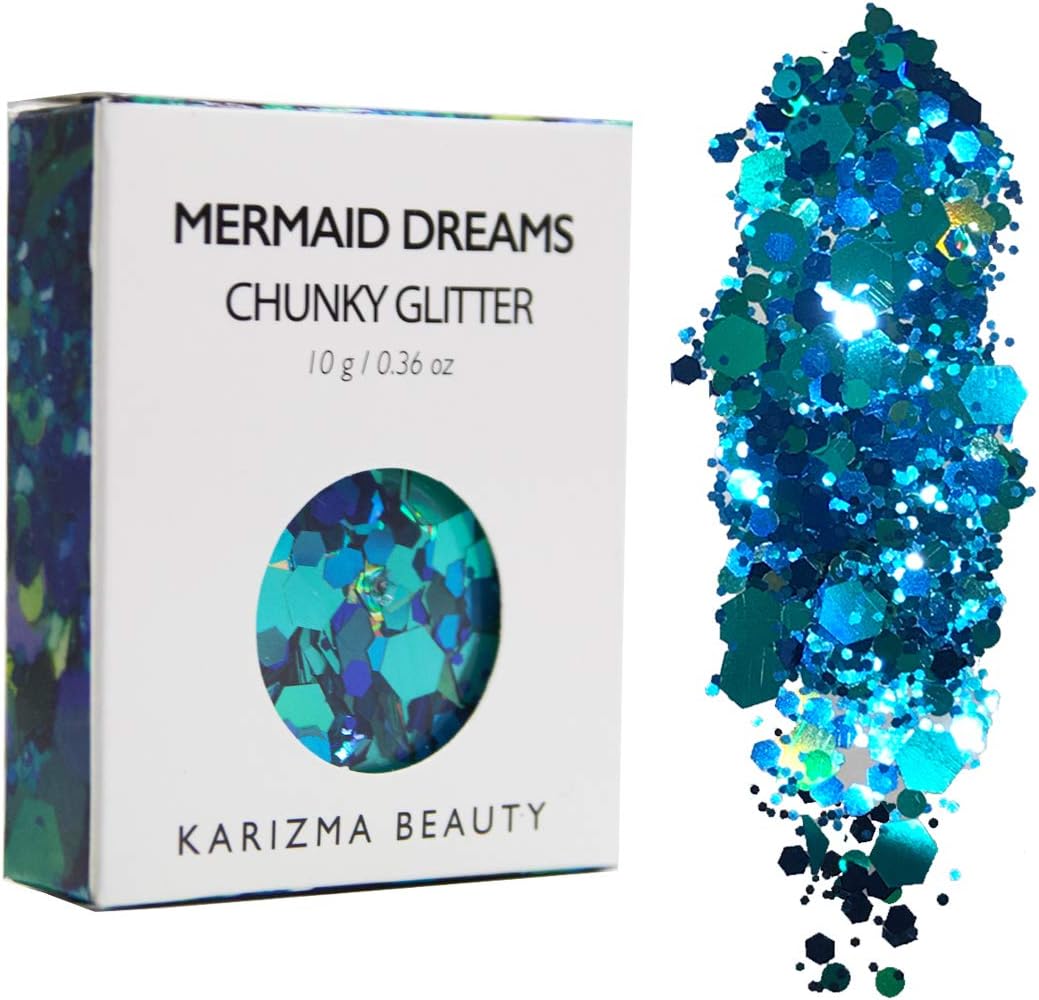 Mermaid Dreams Chunky Glitter ✮ KARIZMA BEAUTY ✮ Festival Glitter Cosmetic Face Body Hair Nails, Blue, Green, Or Purple