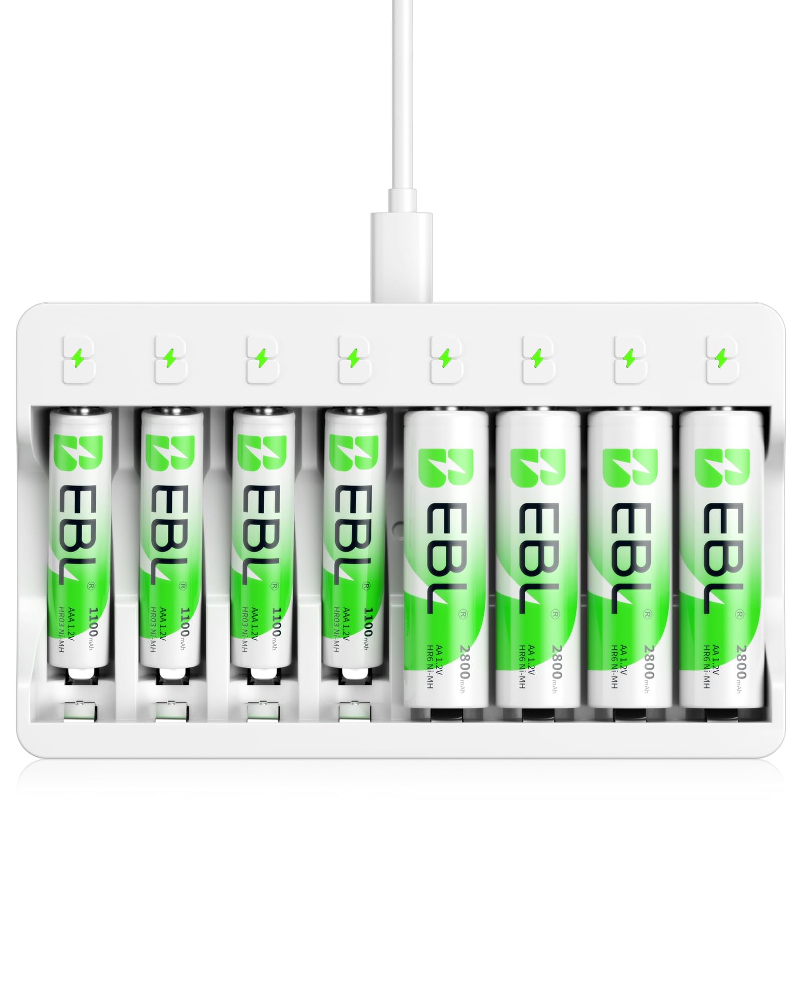 EBL 8 Slots LED Individual Battery Charger AA AAA NiMH with 5V 2A Fast Charging Function, including 4 x Rechargeable Battery AA and 4 x AAA Rechargeable Batteries (New Battery Packaging)
