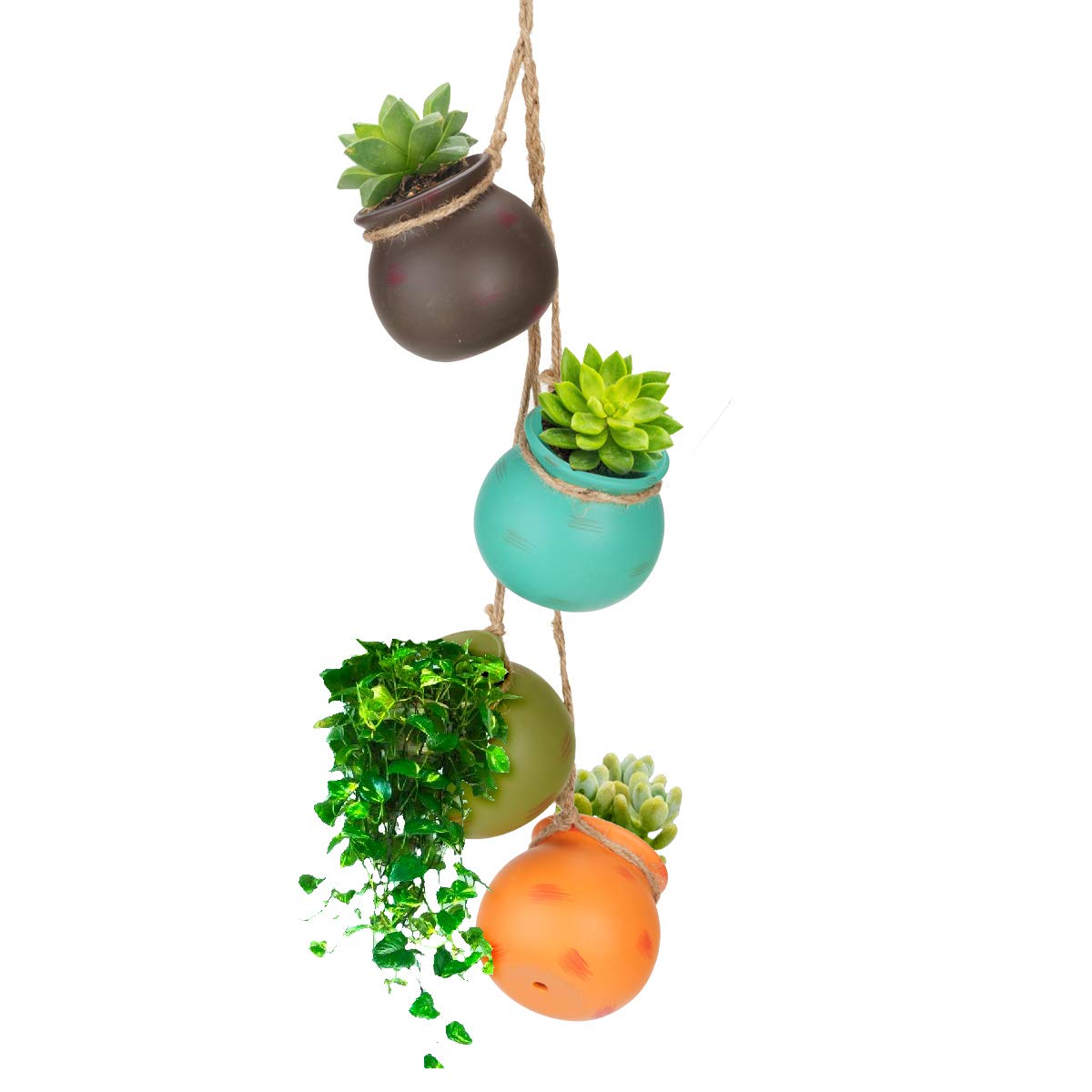 Surplex 4 Pcs Hanging plant pot, Dangling Multicolour Ceramic Flower Planters, Mini Wall or Ceiling Mount Succulent Planters with Jute Rope for Herb Balcony Windowsill Home Office Garden Decor Gift