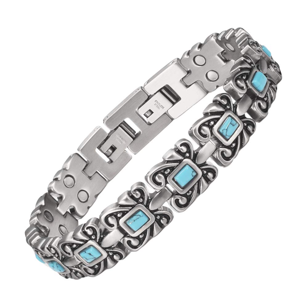 Magnetic Turquoise Bracelets for Women Ladies with 12PCS Turquoise Stones, 18.5cm, Can Lengthen to 20cm, Adjustable Size