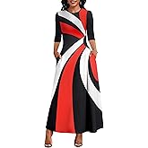 Runwind Maxi Dress for Women with Ruched Waist - Semi-Formal 3/4 Sleeve Crew Neck Long Dresses for Wedding Guest & Church