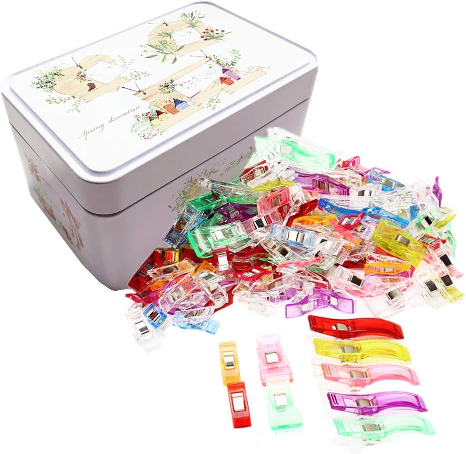 GBATERI 130 Pack Sewing Clips - 3 Sizes Multipurpose Sewing Accessories Plastic Clips Tin Box Sewing,Quilting,Crafting, Crocheting Knitting Safety Clips, Assorted Colors Binding Clips,Paper Clips