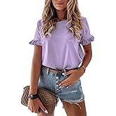 PRETTYGARDEN Women's Short Sleeve Casual T Shirts Summer Ruffle Plain Round Neck Loose Fit Tee Blouse Tops