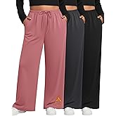 JoyMotion 3 Pack Women's Plus Size Fleece Pants, Drawstring Wide Leg High Waist Sweatpants Loose Lounge Pants with Pockets