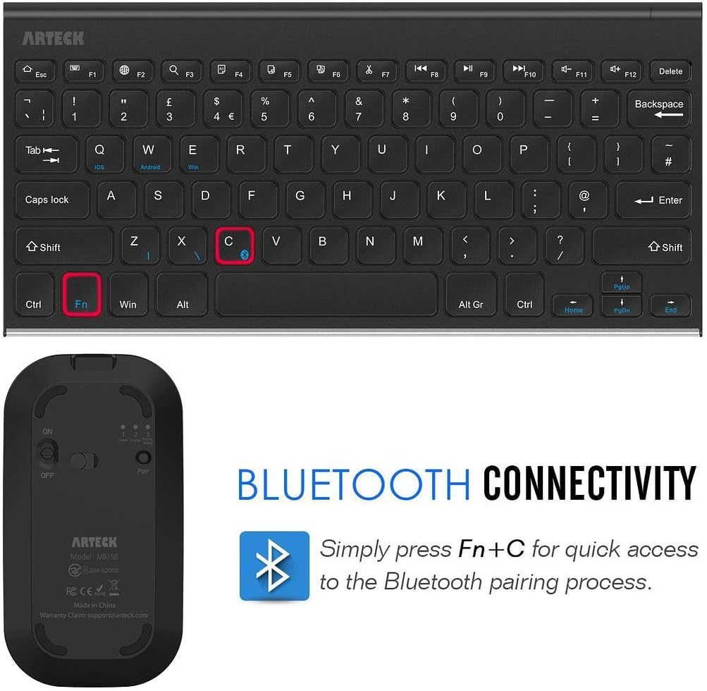 Arteck Bluetooth Keyboard and Mouse Combo Ultra Compact Slim Stainless Full Size Keyboard and Ergonomic Mouse for Computer/Desktop/PC/Laptop/Surface and Windows 10/8/7 Built in Rechargeable Battery - Image 5