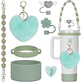 Rabrgab 7Pcs Green Stanley Cup Accessories Set with Handle Strap, Love Heart 7 Flower Straw Topper Straw Cover Cap, Silicone Boot, Love Heart Charms for Water Bottle Tumbler 20oz 30oz 40oz
