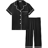 Joyaria Satin Pajama Sets for Women 2 Piece,Short Sleeve Button Down Top & Capri Sleep Pant Sets(Black,L)