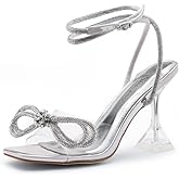 Shoe Land Women’s Clear Rhinestone Bow Heels – Double Bowknot & Adjustable Ankle Strap | Crystal Stiletto High Heels with Square Open Toe for Wedding & Party