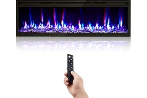 GarveeHome 50 in Electric Fireplace Wall Mounted/Recessed with Remote Control, 4.2 in Ultra-Thin Linear Fireplace Heater 750W/1500W with Timer, 12-Color Flames, Log & Crystal Options