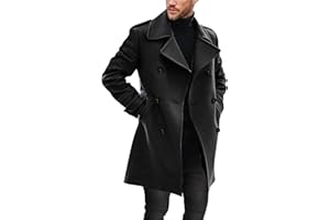 Ryannology Men's Notched Collar Trench Coat Double Breasted Long Winter Pea Coats Windbreaker Business Wool Blend Jacket